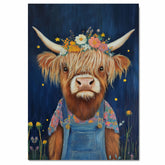 Highland Cow Wall Art Adorable Cow in Overalls and Flower Crown Rustic Farmhouse Decor for Kids Room Bedroom or Gift for Cow Lovers and Animal Art Fans on Ready to Hang 1.5" Thick Canvas Wrap, Floating Framed Canvas, Flat Rolled Canvas